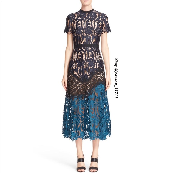 NWT Self Portrait Prairie Midi Dress Navy/Teal - Picture 11 of 17